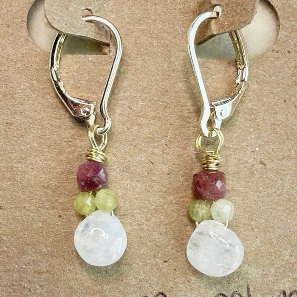 Gemstone Earrings, Rainbow Moonstone, Pink Amethyst & Serpentine 14K Gold Filled